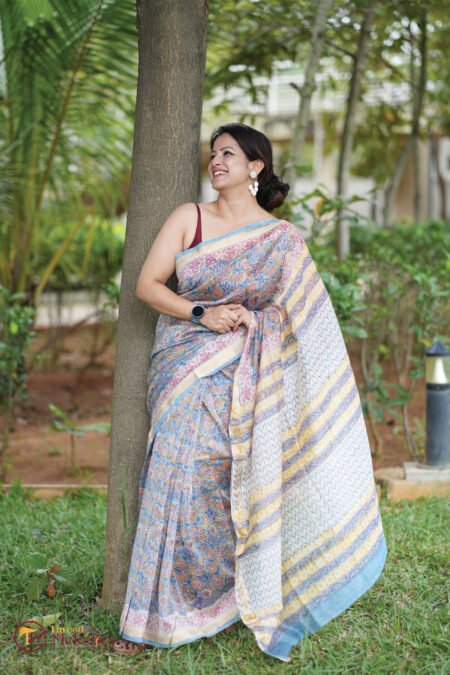 HAND BLOCK PRINTED - BLUE AND YELLOW SANGANERI