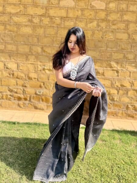 CRUSHED ORGANZA - BLACK WITH WHITE STONE WORK