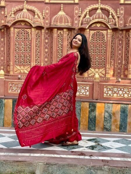 SEMI TUSSER - RED KANTHA AND LAMBANI WORK