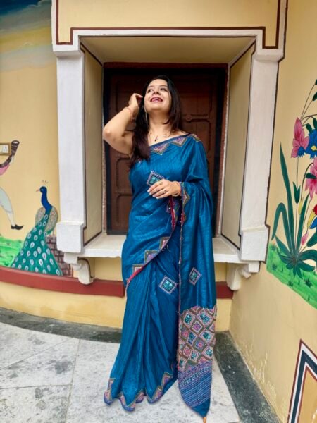 SEMI TUSSER - BLUE KANTHA AND LAMBANI WORK